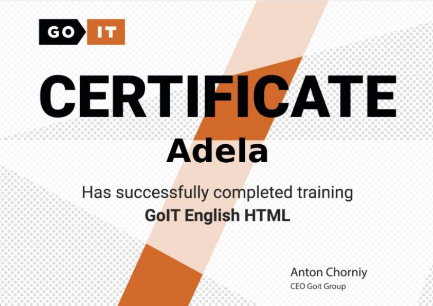 Certificat GoIT English HTML obținut de Adela Zaharia