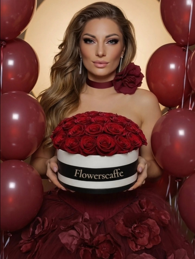 Vizual de campanie Flowerscaffe cu aranjament floral din trandafiri roșii, realizat pentru colaborarea cu Dom Caffe Family & Friends.